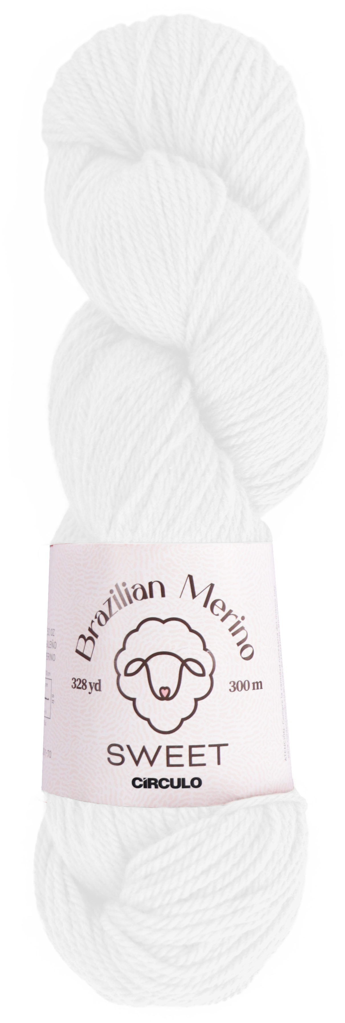 White skein of yarn with a pink label on a white background