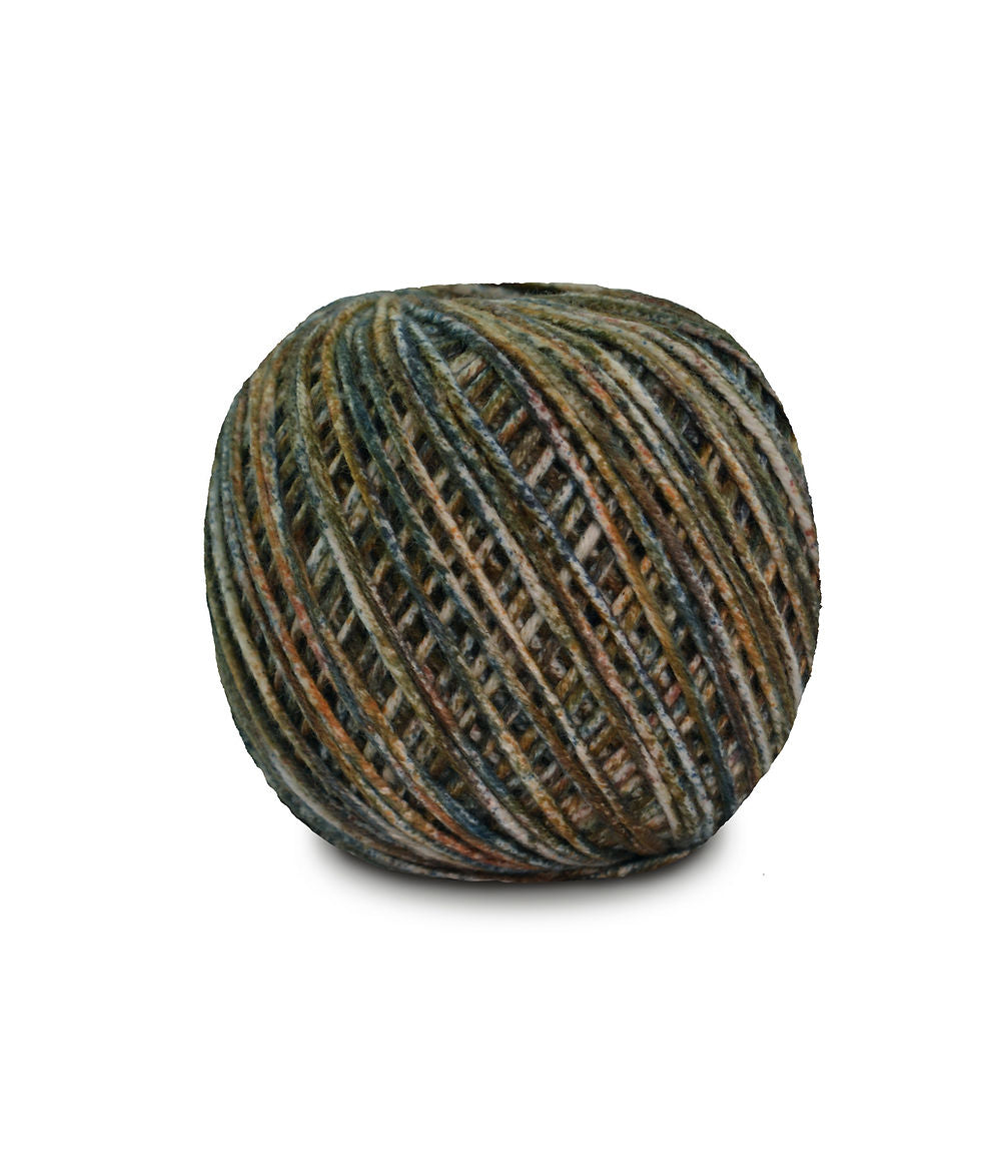 An image of a ball of Circulo Jeans DK weight yarn in orange, olive green, and teal shades against a white background.