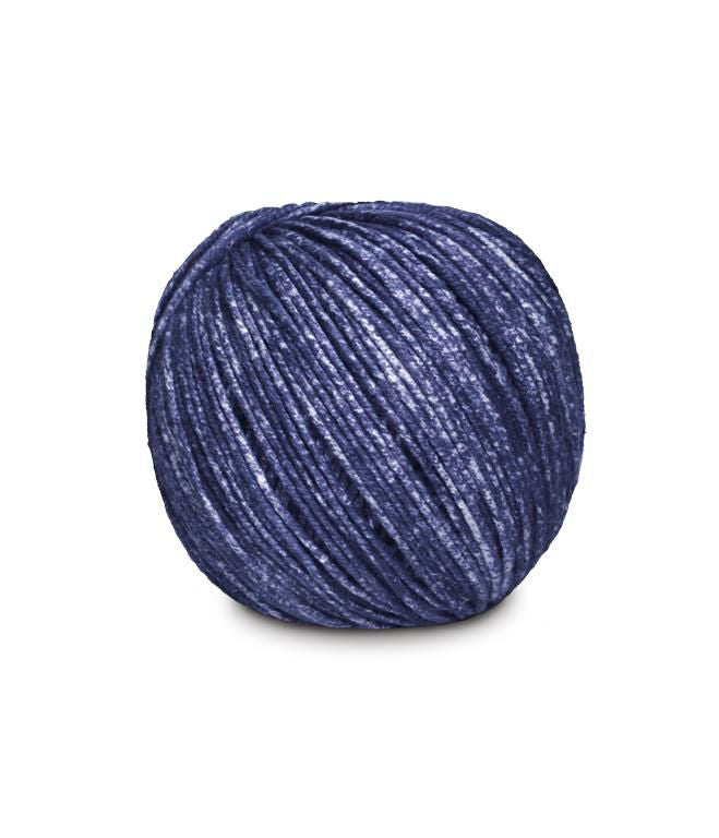 An image of a ball of Circulo Jeans DK weight yarn in indigo and white shades against a white background.