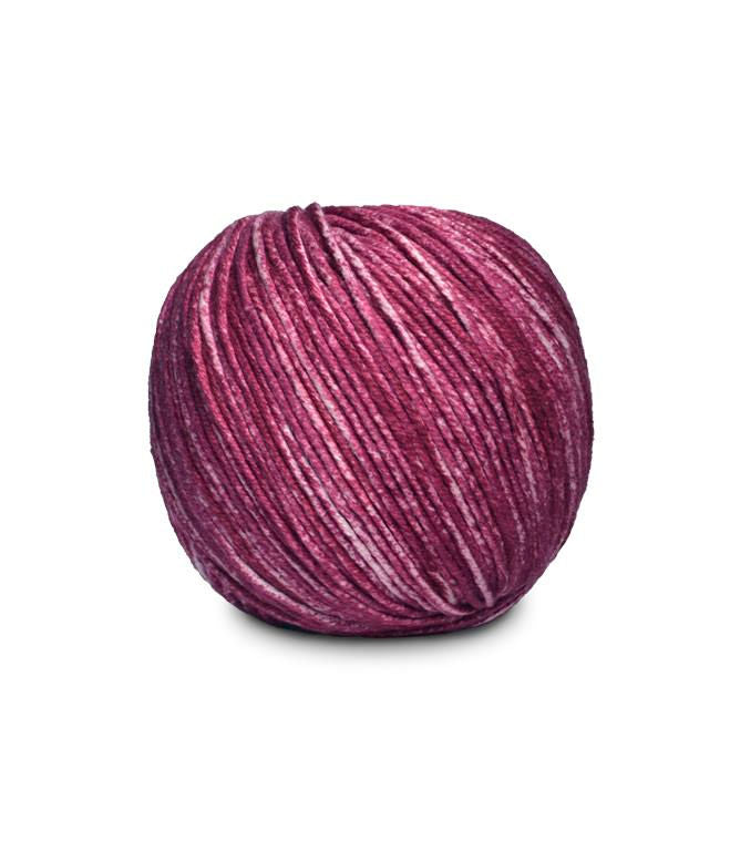 An image of a ball of Circulo Jeans DK weight yarn in magenta and pale pink shades against a white background.
