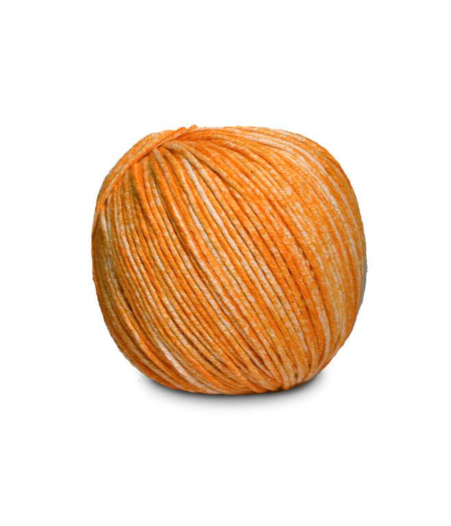 An image of a ball of Circulo Jeans DK weight yarn in orange and white shades against a white background.