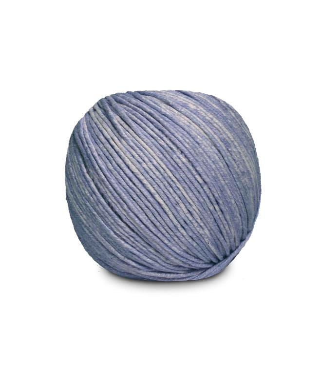 An image of a ball of Circulo Jeans DK weight yarn in pale blue shades against a white background.