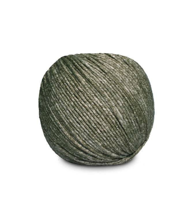 An image of a ball of Circulo Jeans DK weight yarn in pale green and olive green shades against a white background.