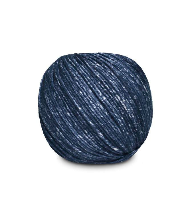 An image of a ball of Circulo Jeans DK weight yarn in navy blue and white shades against a white background.