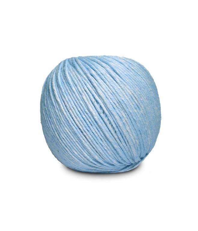 An image of a ball of Circulo Jeans DK weight yarn in sky blue shades against a white background.