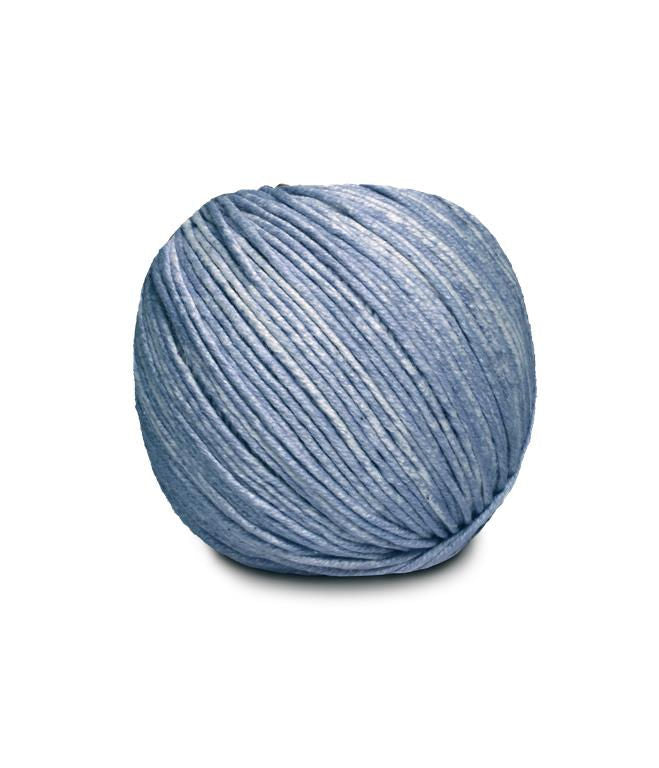 An image of a ball of Circulo Jeans DK weight yarn in shades of blue against a white background.