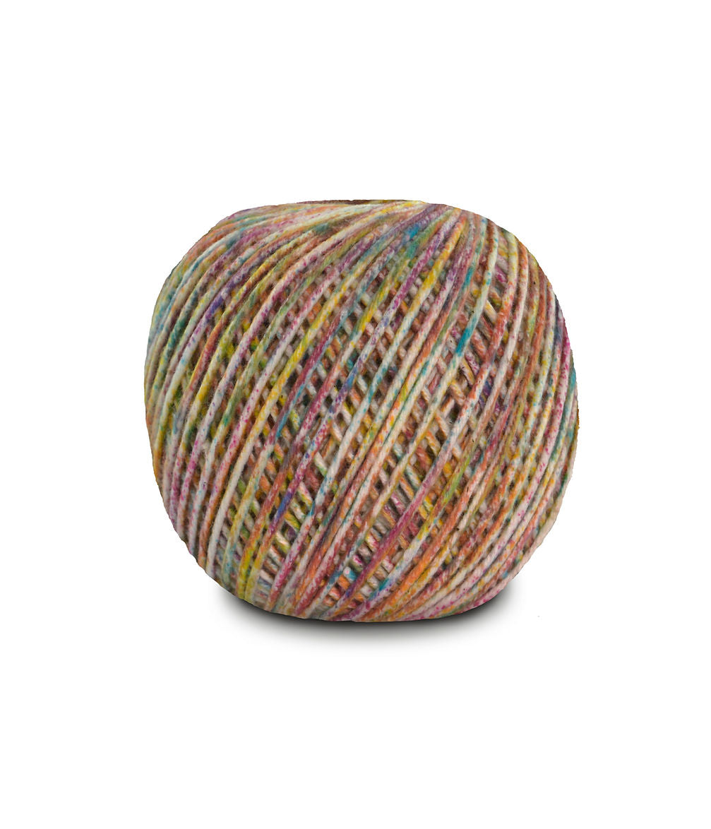 An image of a ball of Circulo Jeans DK weight yarn in a rainbow of colors against a white background.