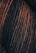 A close-up image of a skein of Circulo Lucky Feet sport weight yarn in shades of orange and brown.