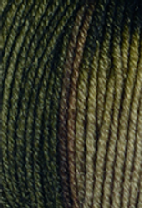 A close-up image of a skein of Circulo Lucky Feet sport weight yarn in muted green, forest green, and brown shades.