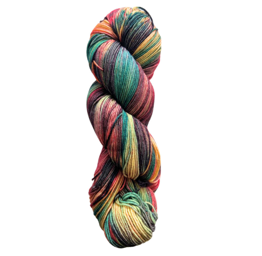 A close-up image of a skein of Circulo Lucky Feet sport weight yarn in shades of pink, purple, teal, and yellow.