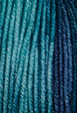 A close-up image of a skein of Circulo Lucky Feet sport weight yarn in shades of aqua blue, teal, and indigo.