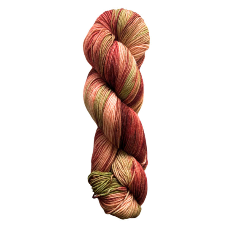 A close-up image of a skein of Circulo Lucky Feet sport weight yarn in shades of green, red, and peach.