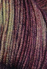 A close-up image of a skein of Circulo Lucky Feet sport weight yarn in shades of maroon, purple, and green.