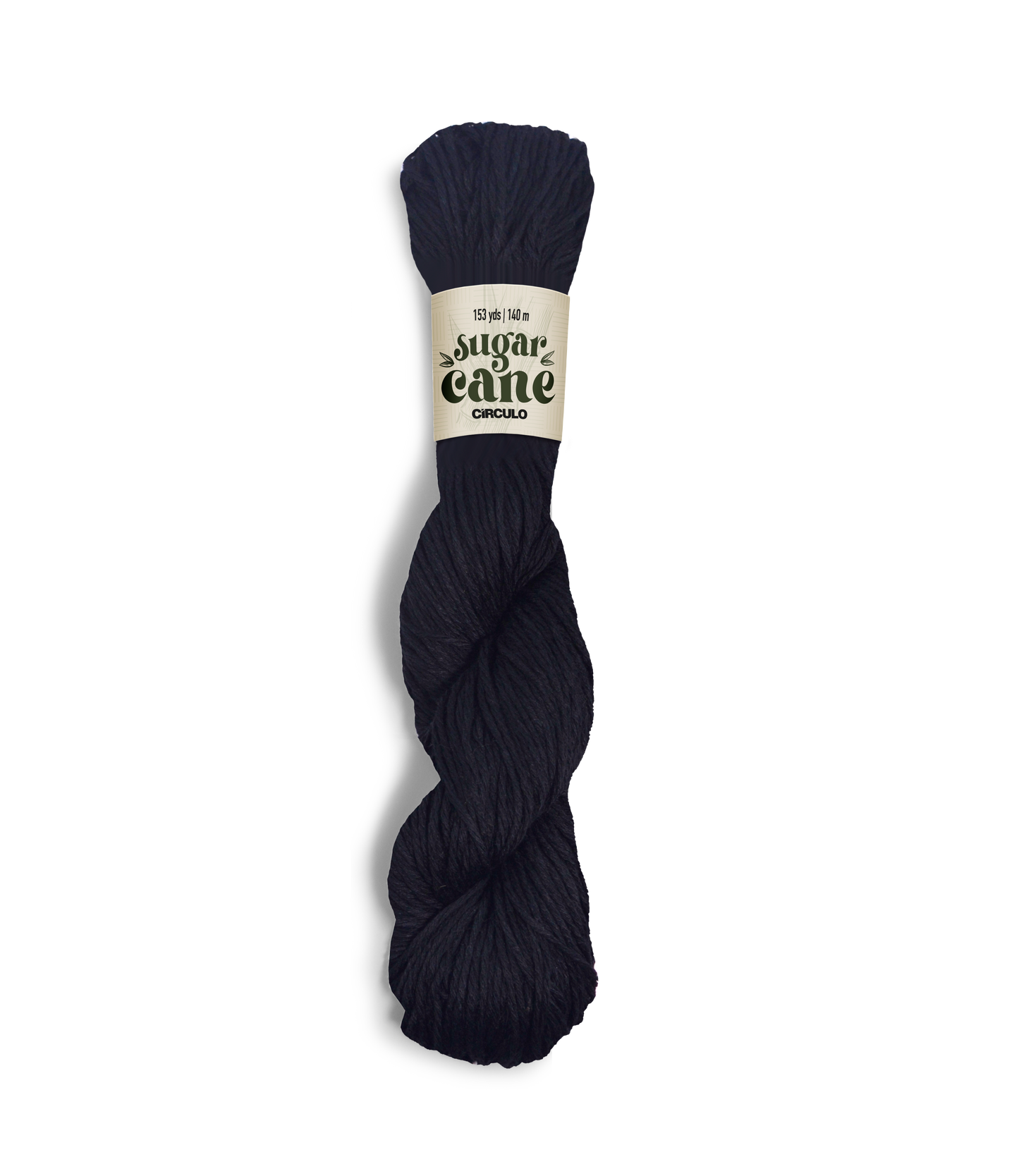 An image of a skein of Circulo DK weight yarn in a solid black color with a ‘Sugar Cane’ label against a white background.