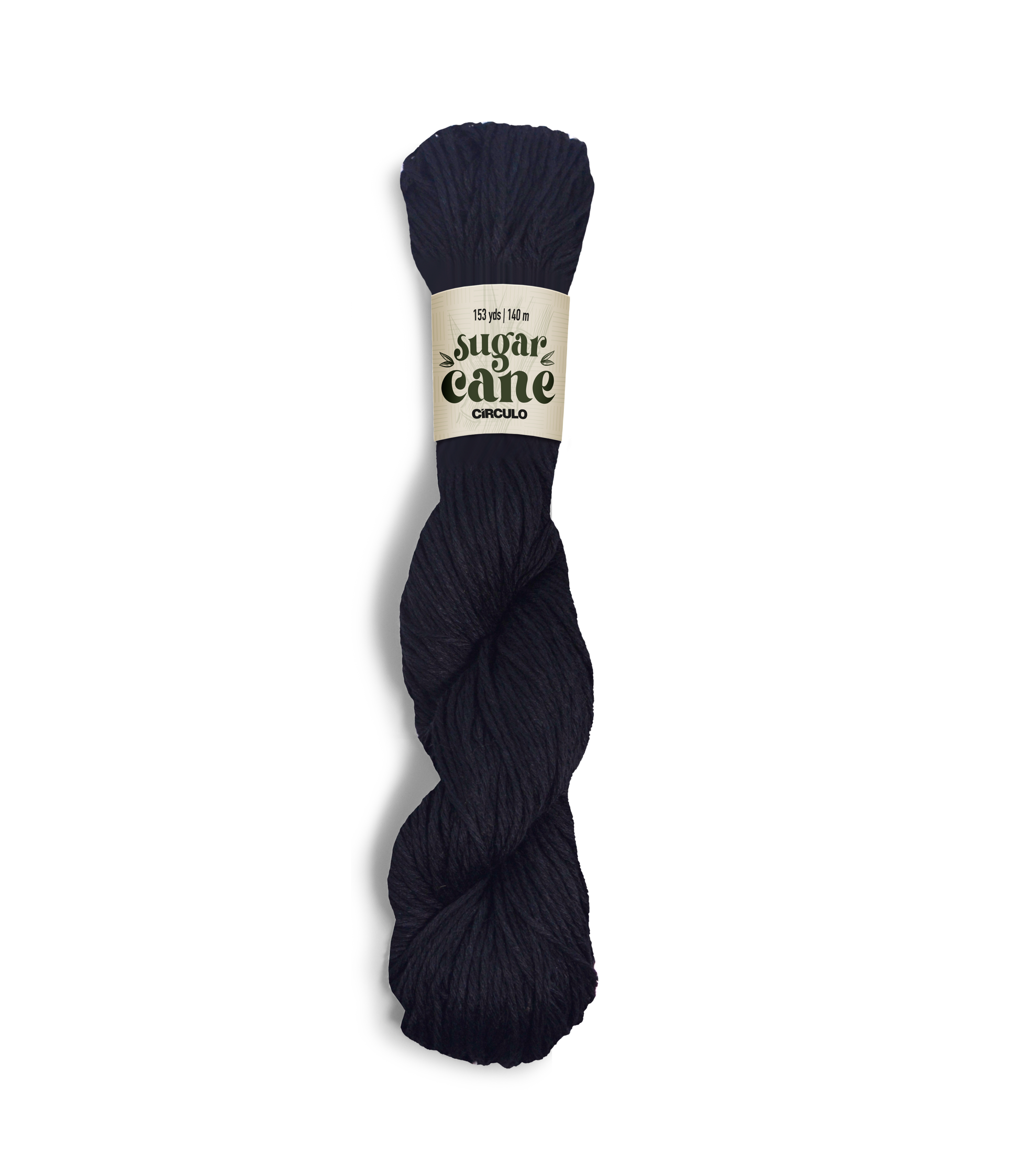 An image of a skein of Circulo DK weight yarn in a solid black color with a ‘Sugar Cane’ label against a white background.