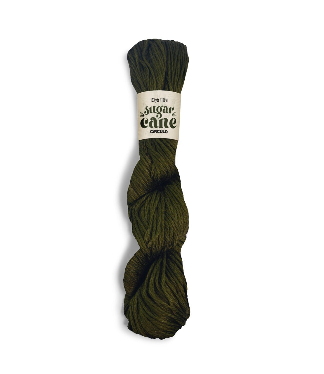 An image of a skein of Circulo DK weight yarn in an olive green color with a ‘Sugar Cane’ label against a white background.