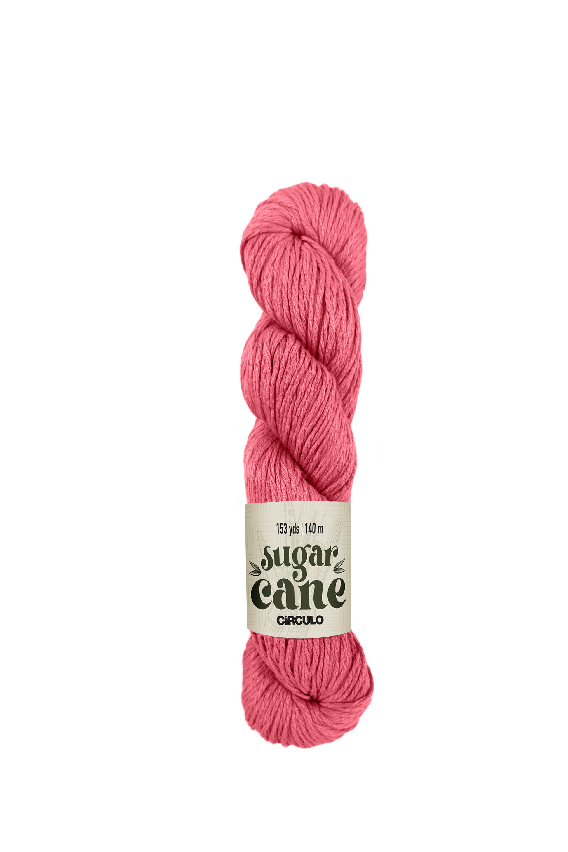 Pink skein of Circulo Sugar Cane yarn with 'sugar cane' label on a white background
