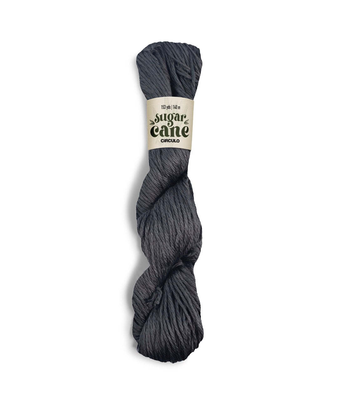An image of a skein of Circulo DK weight yarn in a charcoal gray color with a ‘Sugar Cane’ label against a white background.