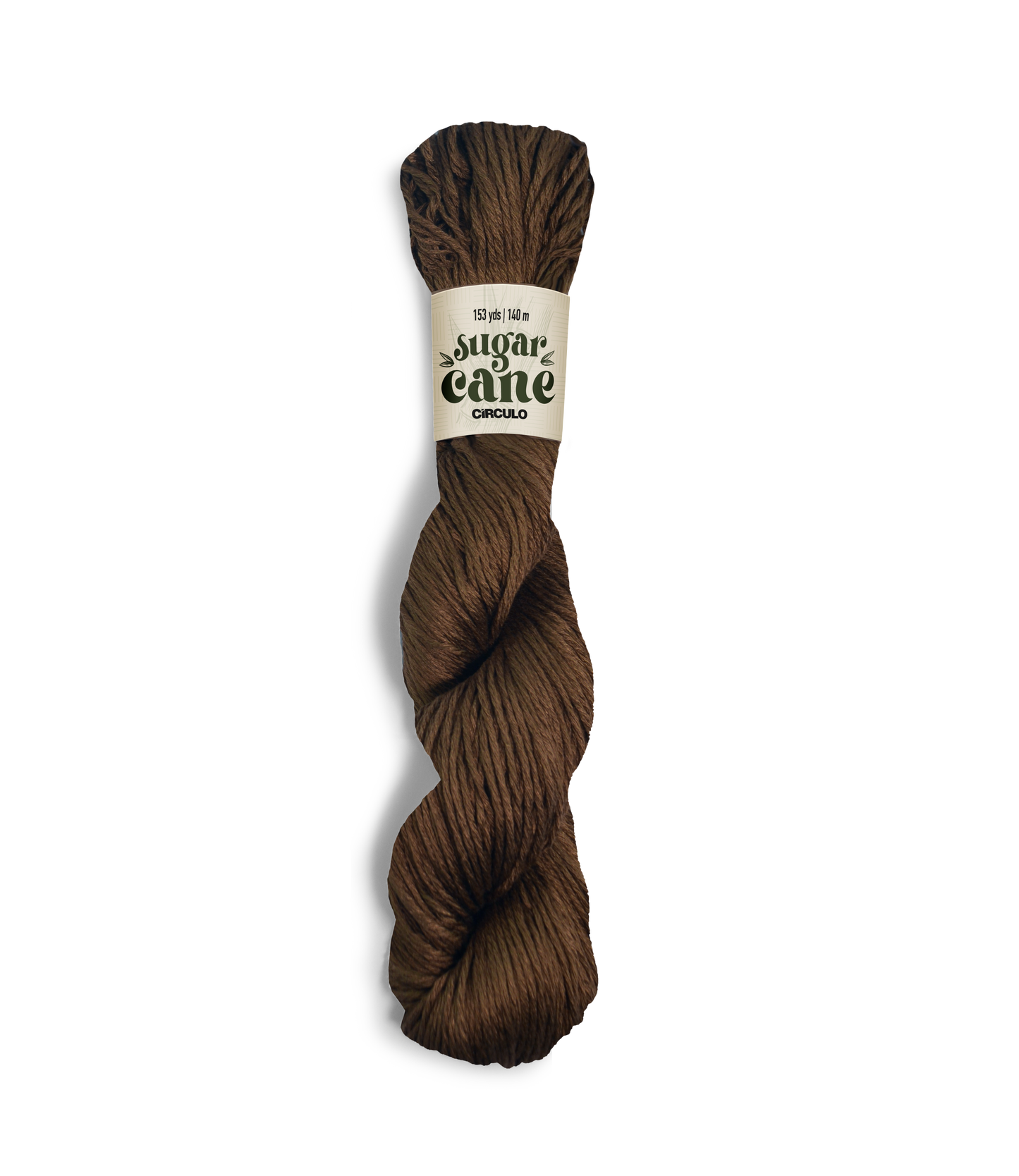 An image of a skein of Circulo DK weight yarn in a dark brown color with a ‘Sugar Cane’ label against a white background.