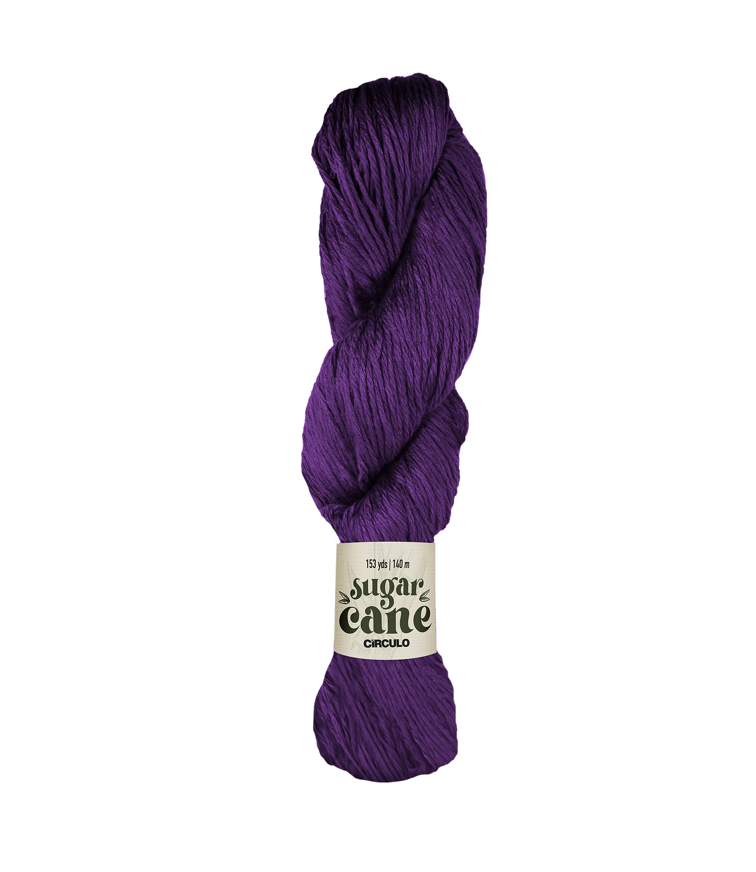 An image of a skein of Circulo DK weight yarn in a royal purple color with a ‘Sugar Cane’ label against a white background.