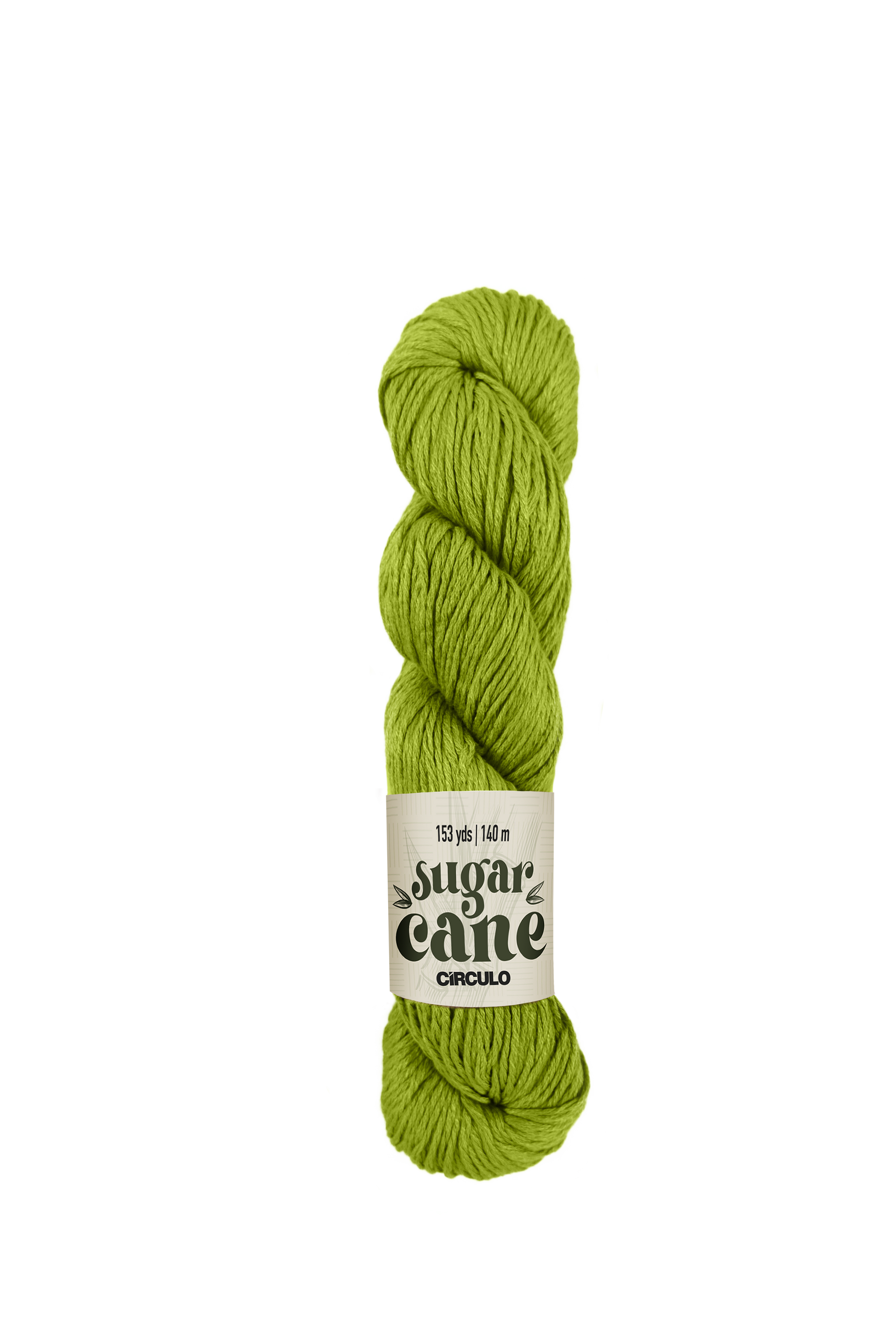 Lime green skein of Circulo Sugar Cane yarn with a 'sugar cane' label on a white background