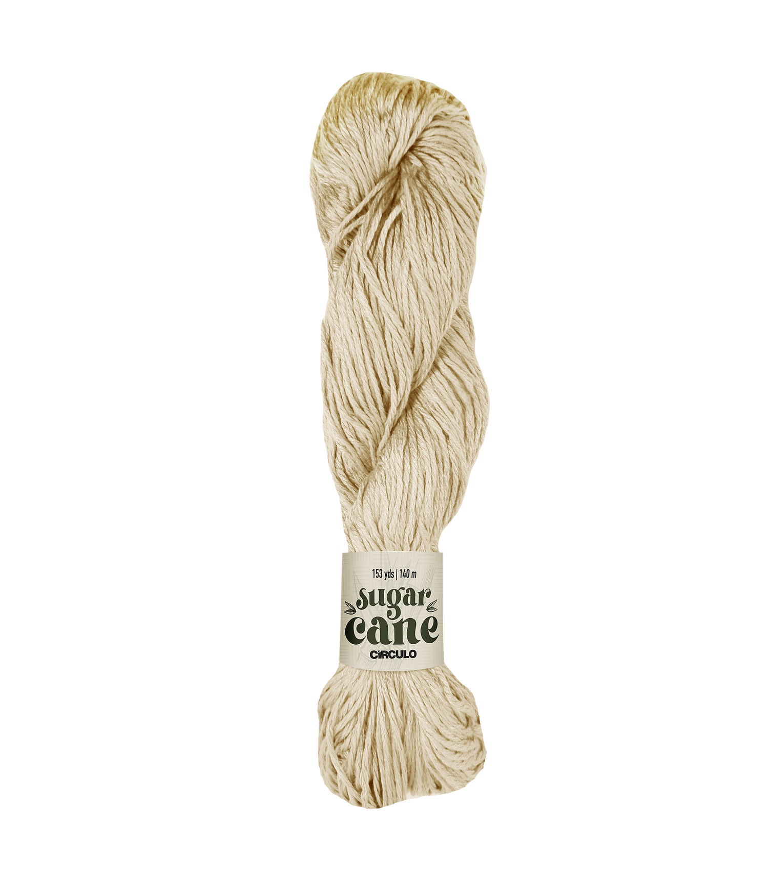 An image of a skein of Circulo DK weight yarn in a beige color with a ‘Sugar Cane’ label against a white background.