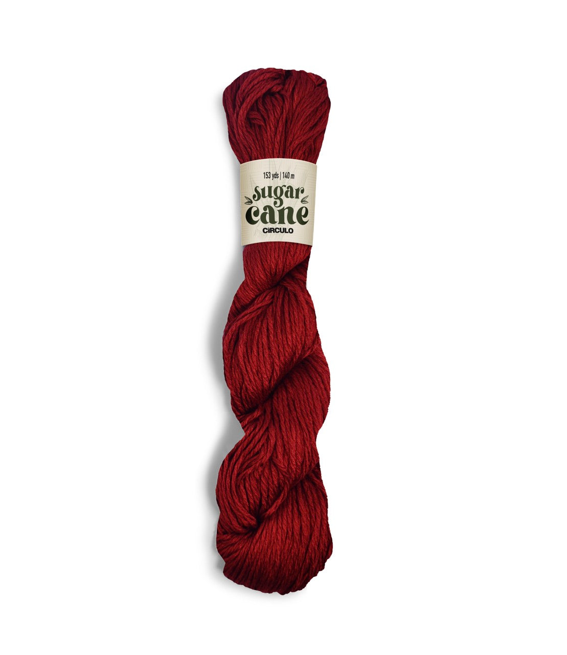 An image of a skein of Circulo DK weight yarn in a deep red color with a ‘Sugar Cane’ label against a white background.
