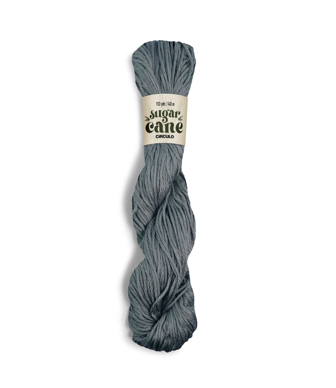 An image of a skein of Circulo DK weight yarn in a gray blue color with a ‘Sugar Cane’ label against a white background.