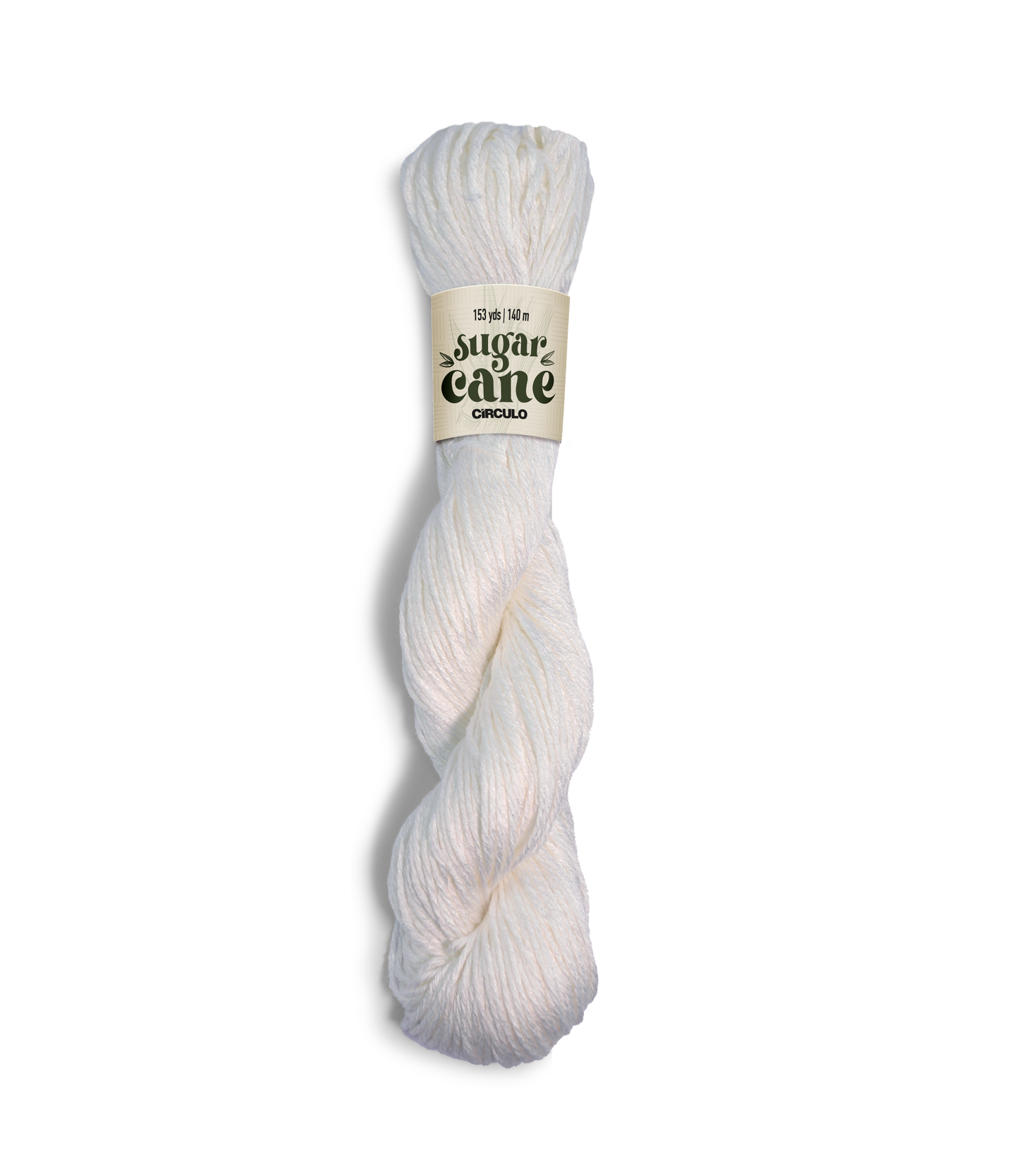 An image of a skein of Circulo DK weight yarn in a solid white color with a ‘Sugar Cane’ label against a white background.