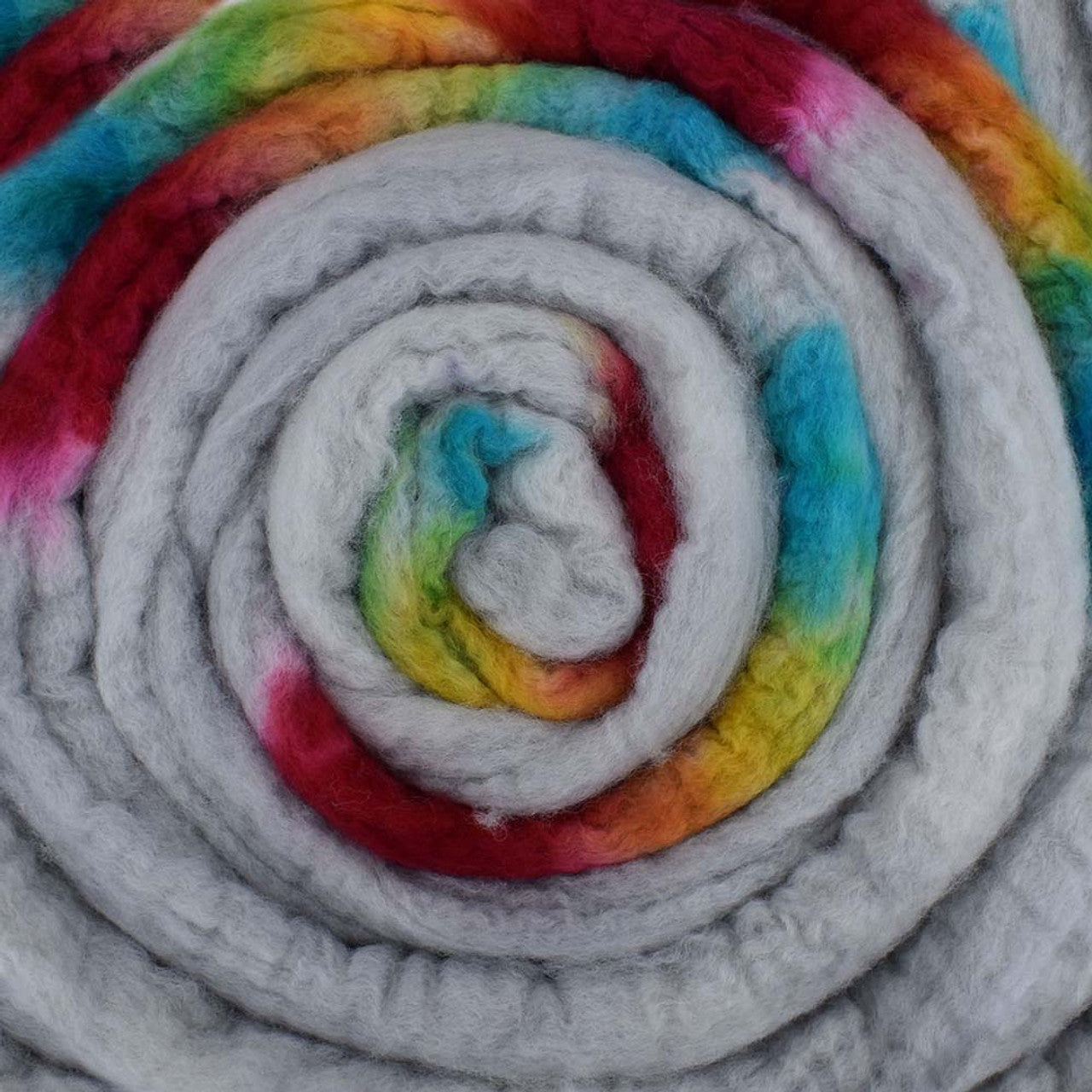 A close up of Frabjous Fibers BFL Spinning Fiber in grey and rainbow colors