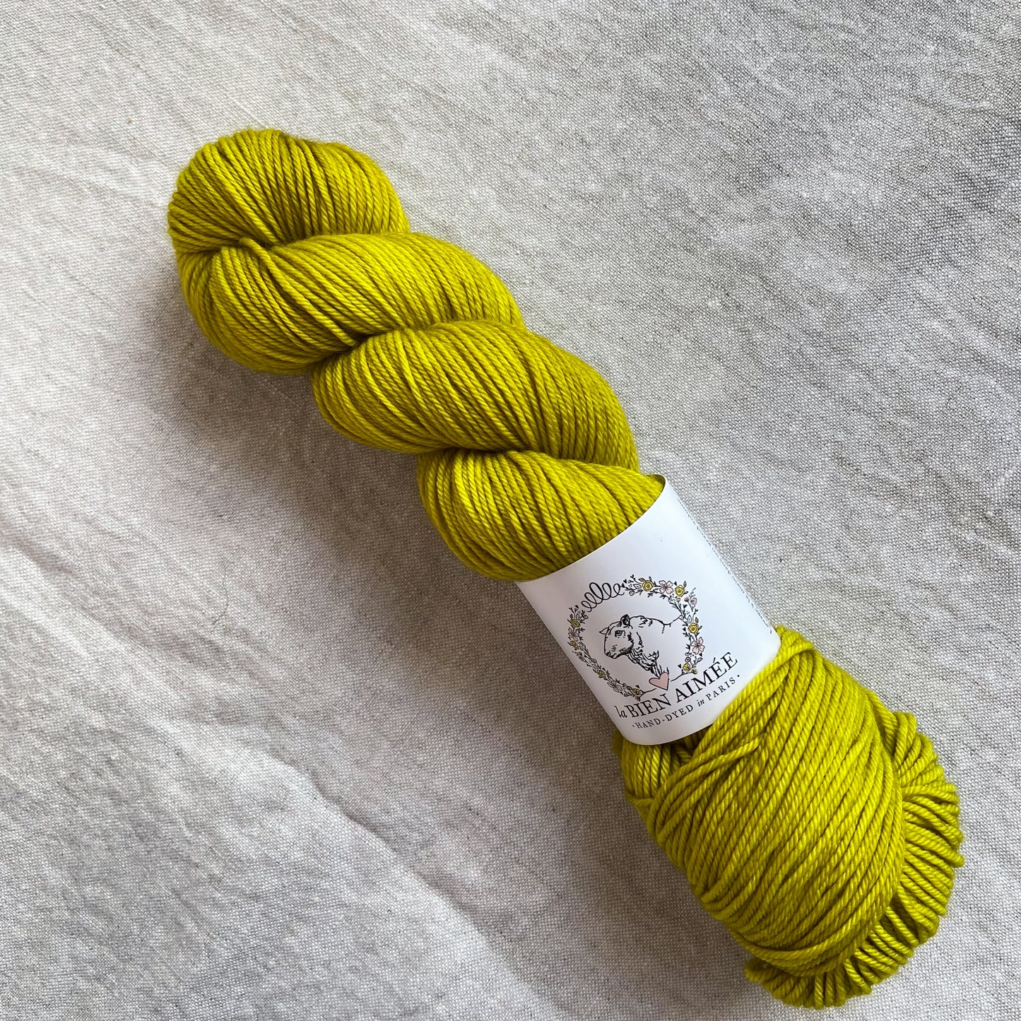 An image of a skein of DK weight yarn in a vibrant green color with a white ‘La Bien Aimee’ label against a canvas background.
