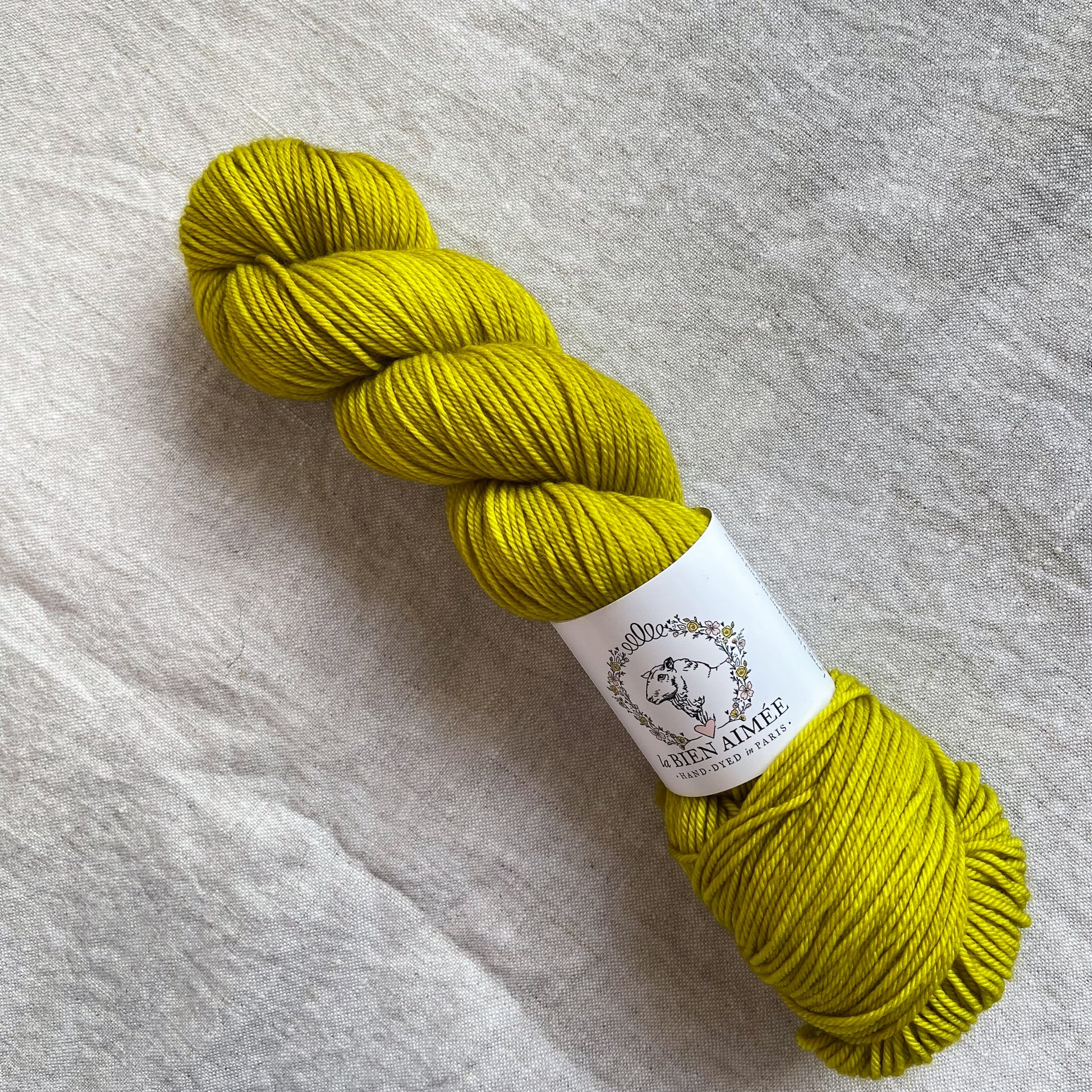 An image of a skein of DK weight yarn in a vibrant green color with a white ‘La Bien Aimee’ label against a canvas background.