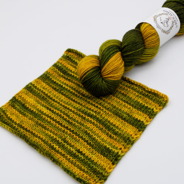 An image of a skein of DK weight yarn in shades of green and yellow with a white ‘La Bien Aimee’ label, laying on a yarn swatch against a white background.