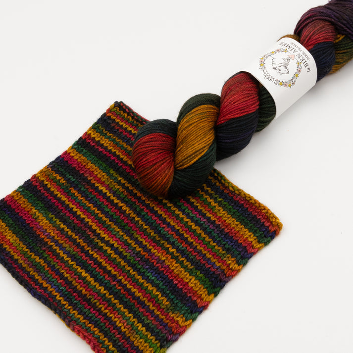 An image of a skein of DK weight yarn in dark shades of blue, green, yellow, orange, and purple with a white ‘La Bien Aimee’ label lying on a knitted yarn swatch, against a white background.