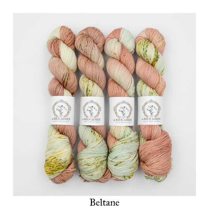 An image of four skeins of sock yarn in dusty pink and pale green shades with speckles of yellow and dark green, with white ‘La Bien Aimee’ labels against a white background.