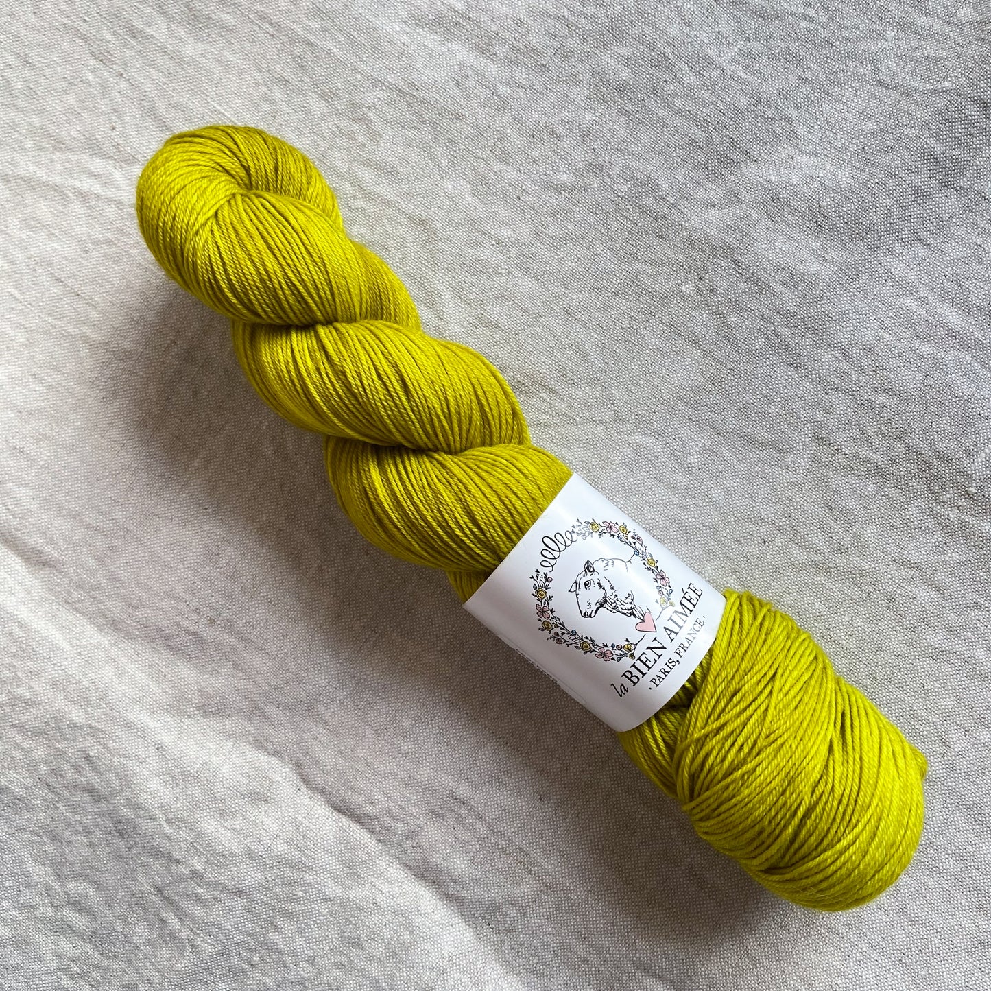 An image of a skein of sock yarn in a vibrant green color with a white ‘La Bien Aimee’ label against a canvas background.