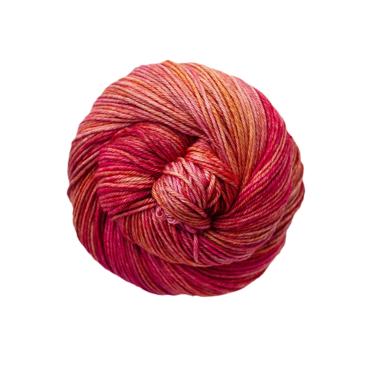 An image of a skein of Malabrigo Arroyo sport weight yarn in bright pink and orange shades.