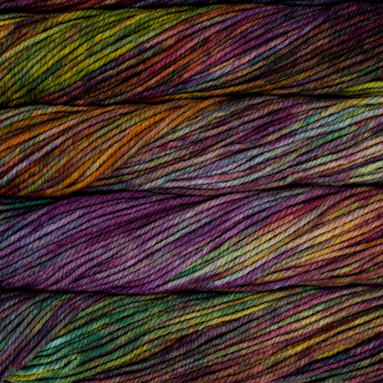 A close up image of skeins of Malabrigo Chunky bulky weight yarn in shades of orange, purple, yellow green, and brown.