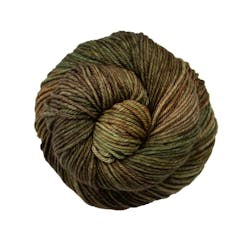 A close up of a skein of Malabrigo Rios worsted weight yarn in brown, green, and yellow colors