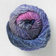 Ball of yarn with blue, purple, and pink colors on a white background