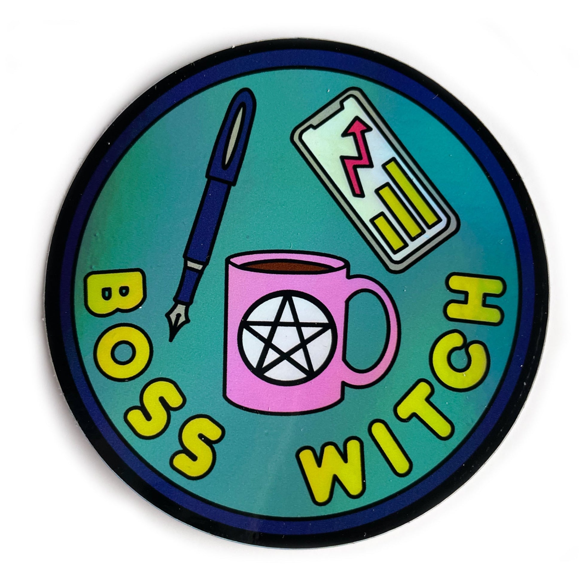 A circular holographic sticker. It has a dark purple border with lime green text that reads "Boss Witch". There is a pink coffee cup with a pentacle on it, a purple fountain pen, and a phone with a business graph depicted above the words.