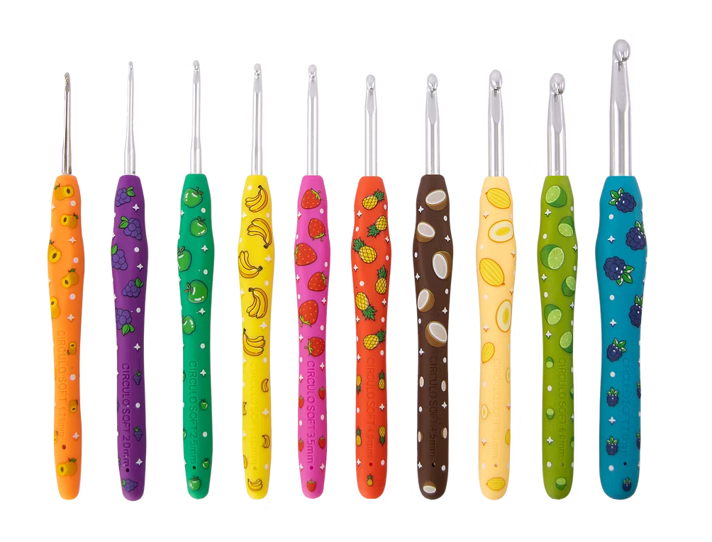 Set of colorful Circulo crochet hooks with patterned handles on a white background