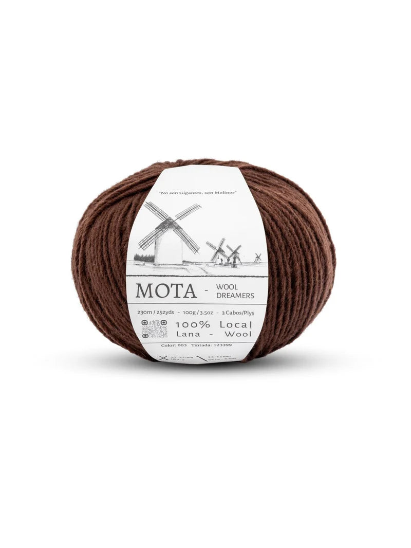 A skein of espresso brown yarn on a white background.