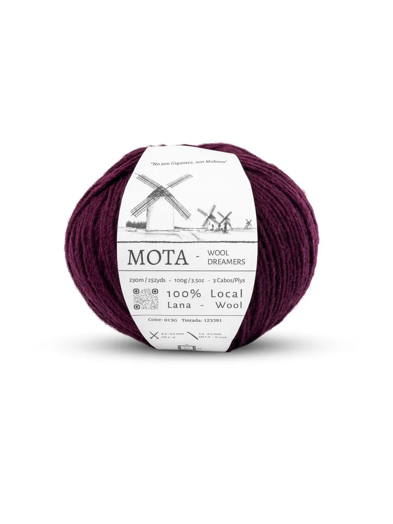 A skein of sangria purple yarn on a white background.