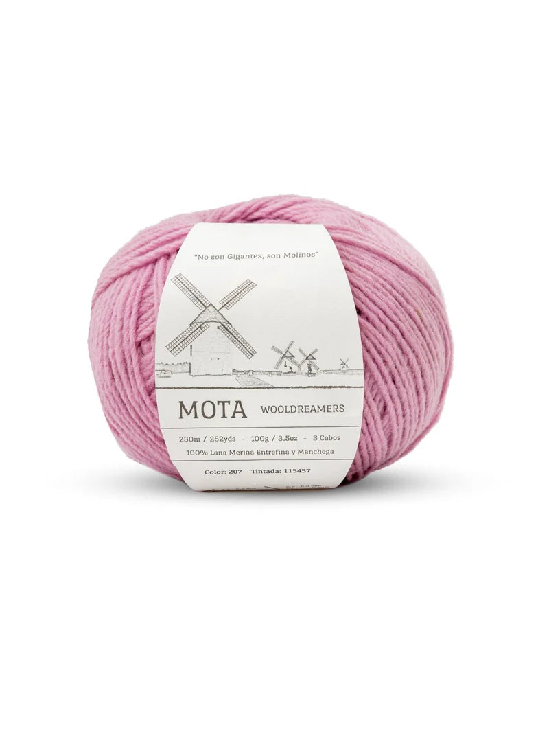 A skein of light pink yarn on a white background.