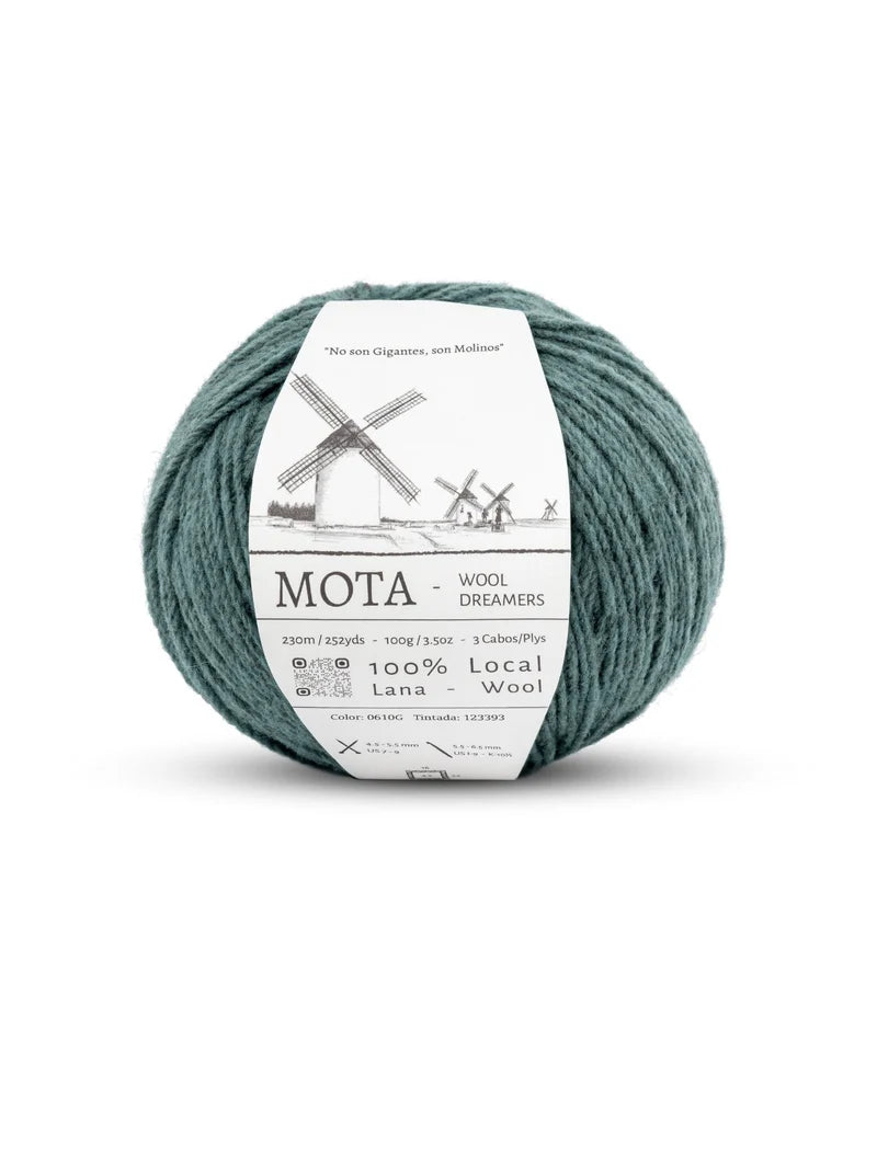 A skein of heathered ocean blue yarn on a white background.