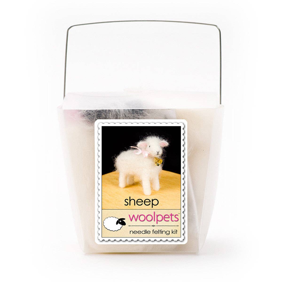 Woolpets White Sheep Needle Felting Kit in a takeout style box