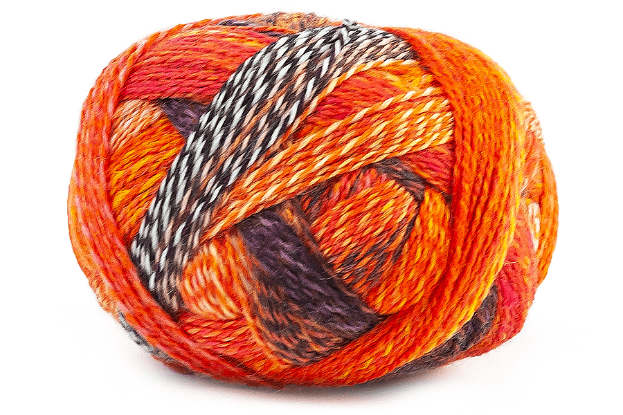 multi colored ball of yarn in orange, red, black, and white