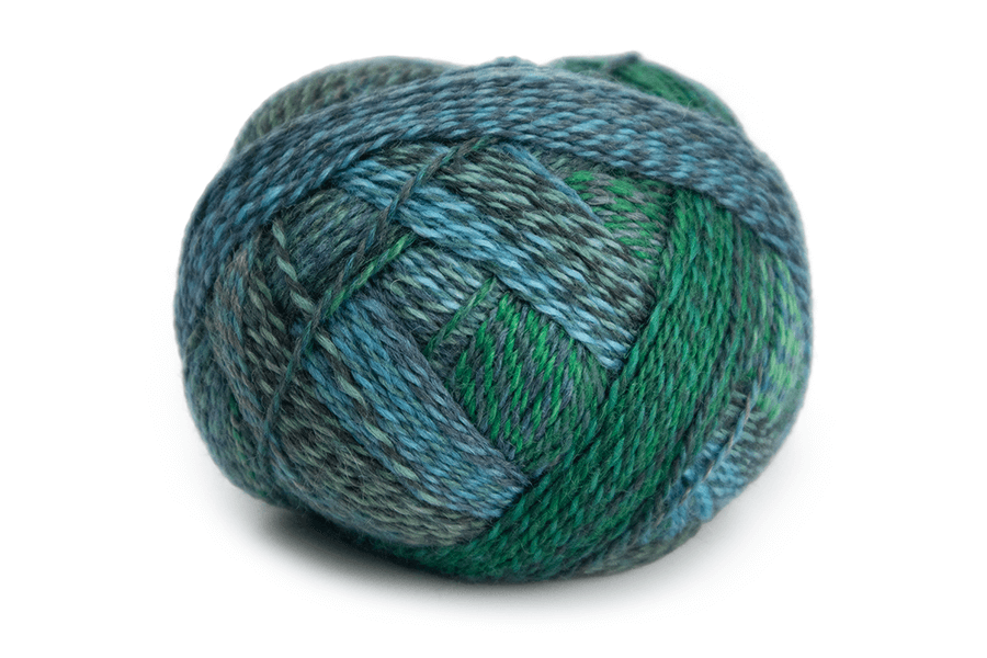 Blue and green skein of yarn on a white background