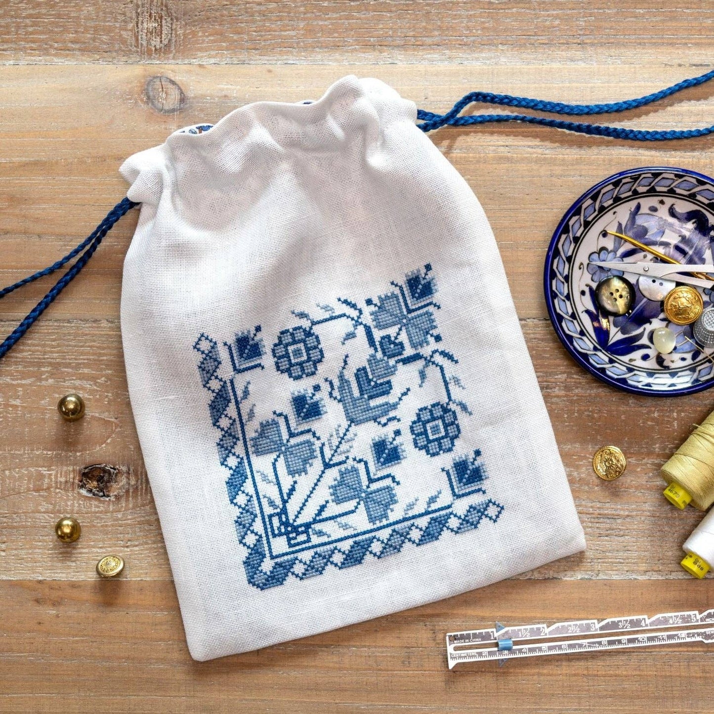 Blue Indigo Drawstring Bag Cross Stitch Kit